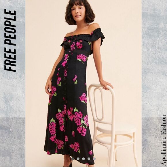FREE PEOPLE SHE’S A DREAM MAXI DRESS SP IN BLACK COMBO PINK FLORAL PRINT NWOT - Picture 4 of 7